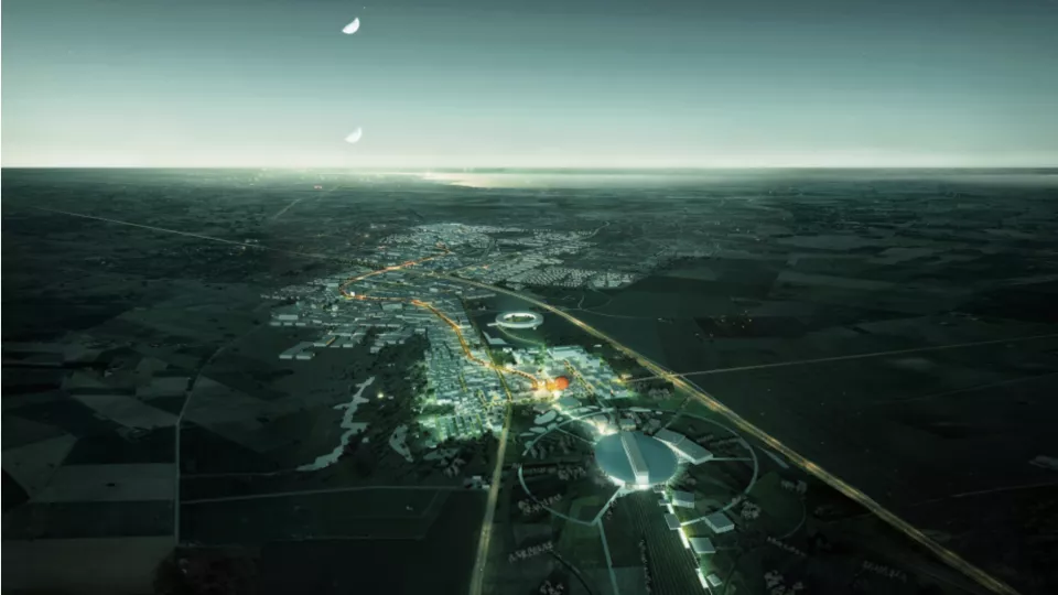 Upplyst bild i mörkret som visar ESS, Science Village, MAX IV och Lund. Bild: Cobe