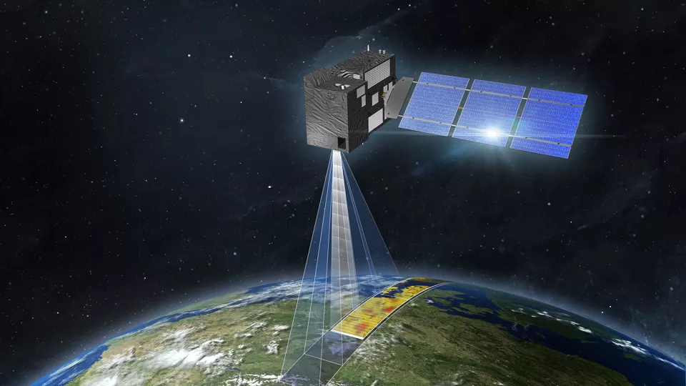 Satellit som svävar ovanför jordklotet. Illustration.