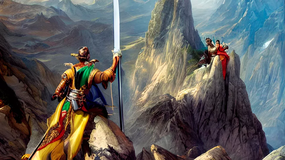 Tre personer uppe i bergen. Den ena personen håller i ett svärd. Konstnärlig Illustration.