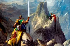 Tre personer uppe i bergen. Den ena personen håller i ett svärd. Konstnärlig Illustration.