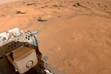 En robot i förgrunden och röd sand i bakgrunden. Foto.