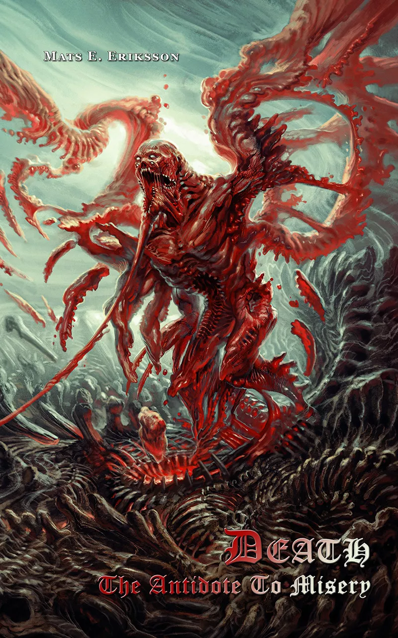 Bokomslag med rött monster som går på skelett. Illustration.