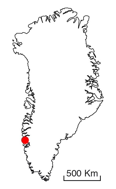 Karta över Grönland med röd prick i sydvästra delen. Illustration.