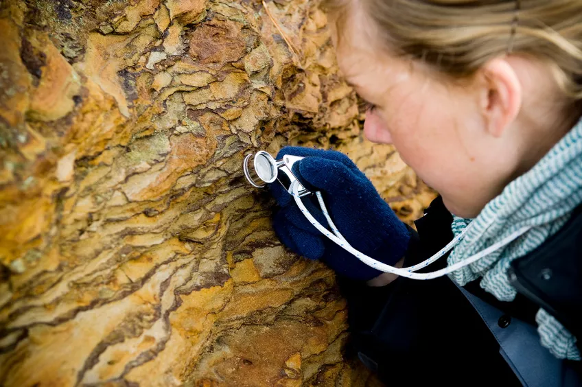 kvinna studerar berg med lupp. Foto: Kennet Ruona.